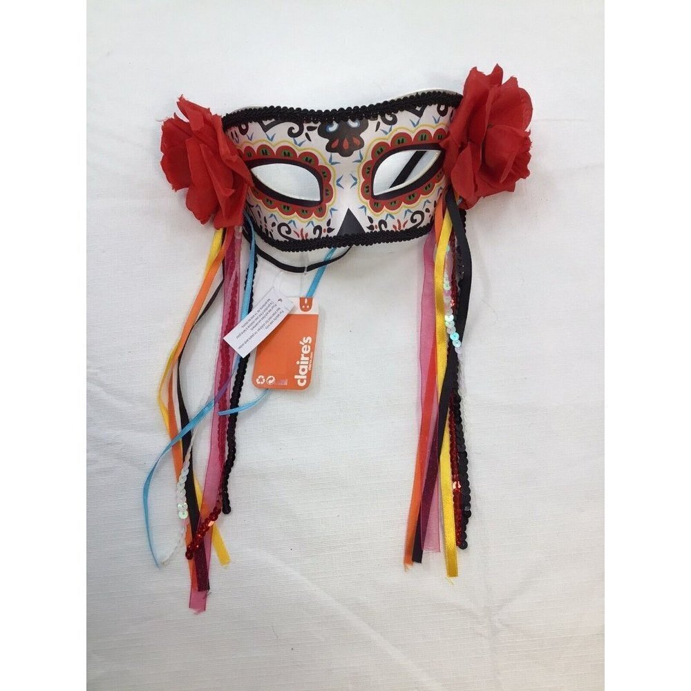 Claire’s Day Of The Dead Plastic Face Mask Rainbow Ribbons